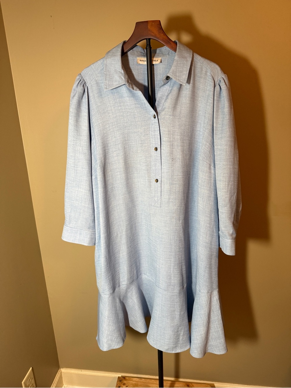 Emma Michele Blue Ruffle Hem Shirt Dress Tunic 3/4 Sleeve Pockets